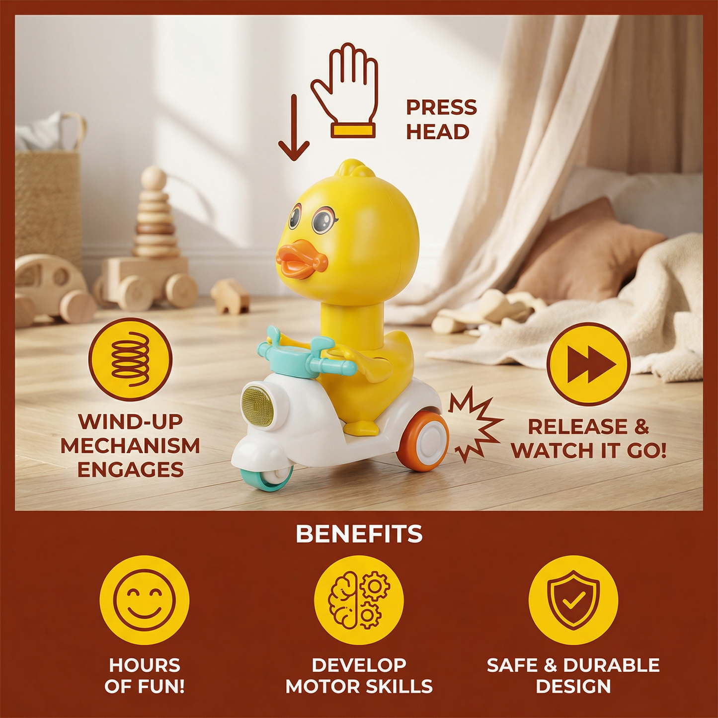 Yellow Duck Push & Go Toy – Fun Kids Scooter with Press-to-Drive Action