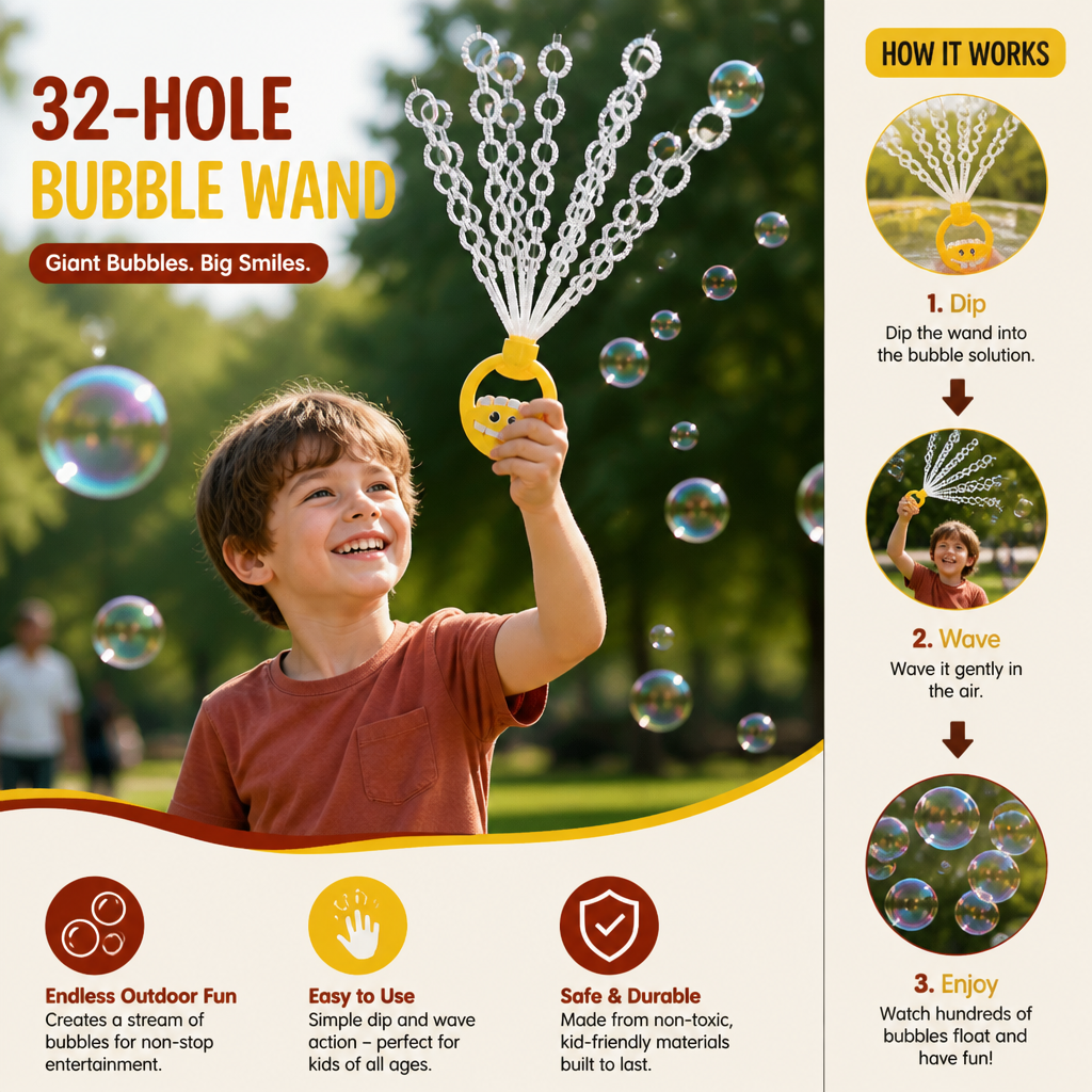 32-Hole Bubble Wand – Giant Bubble Maker for Kids