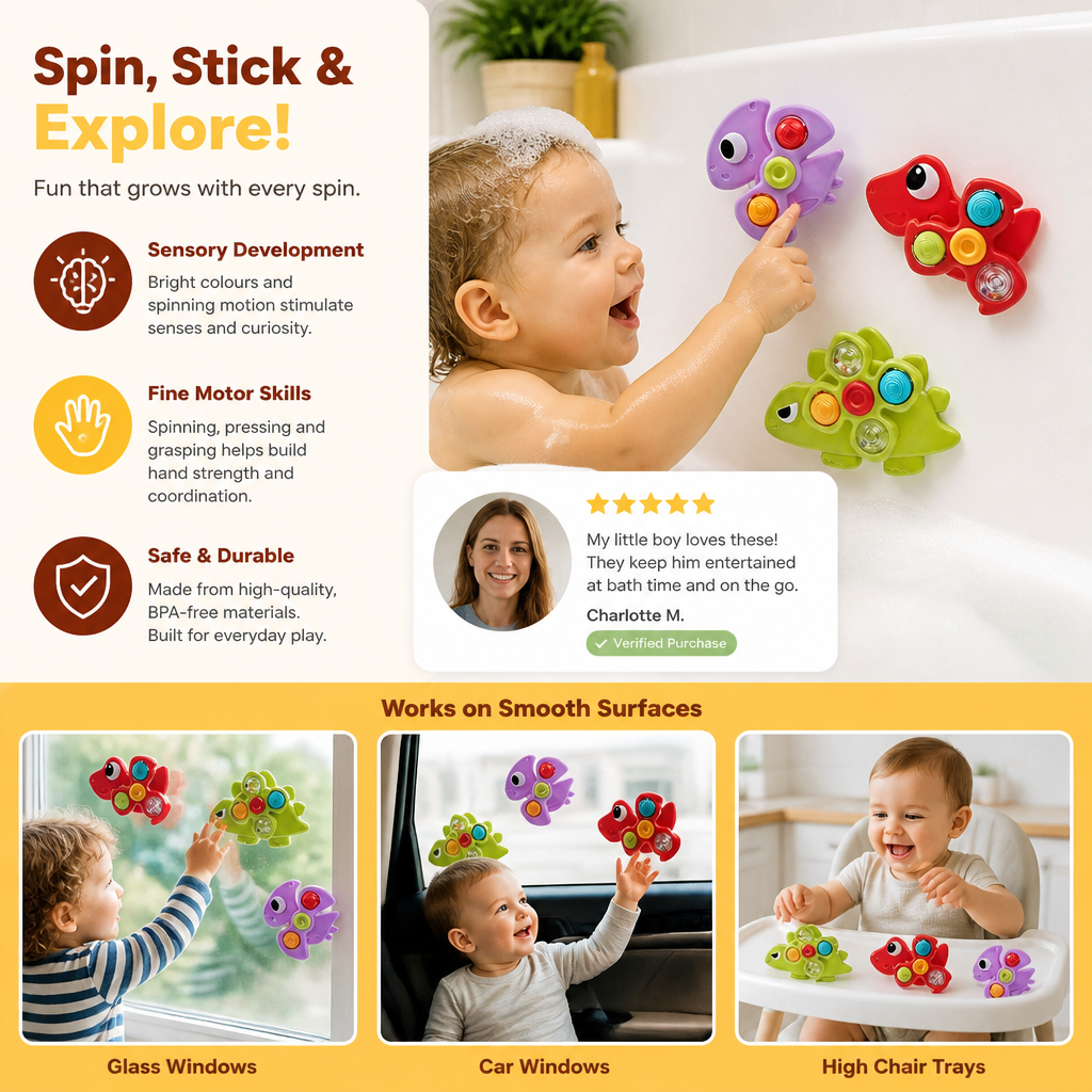 Dinosaur Suction Cup Spinner Toy for Babies & Toddlers Set of 3