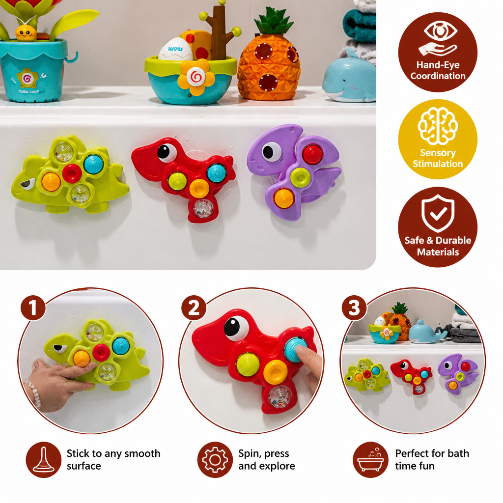 Dinosaur Suction Cup Spinner Toy for Babies & Toddlers Set of 3