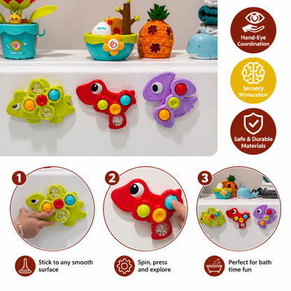Dinosaur Suction Cup Spinner Toy for Babies & Toddlers Set of 3