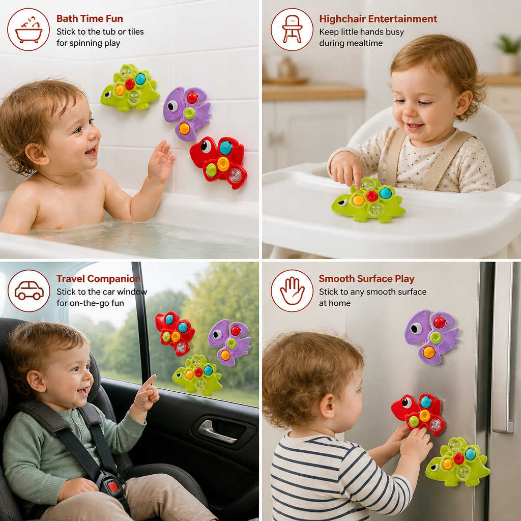 Dinosaur Suction Cup Spinner Toy for Babies & Toddlers Set of 3