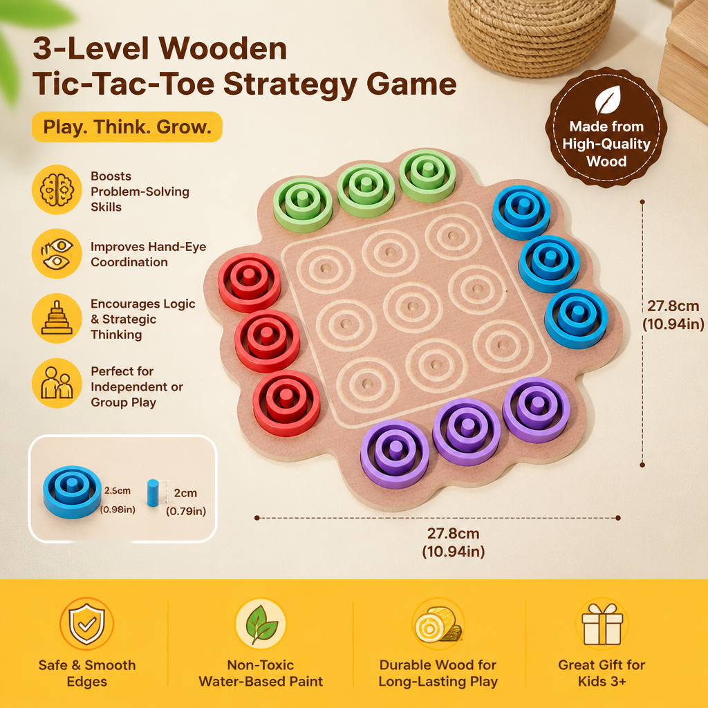 Early Educational 3-Level Wooden Tic-Tac-Toe Strategy Game
