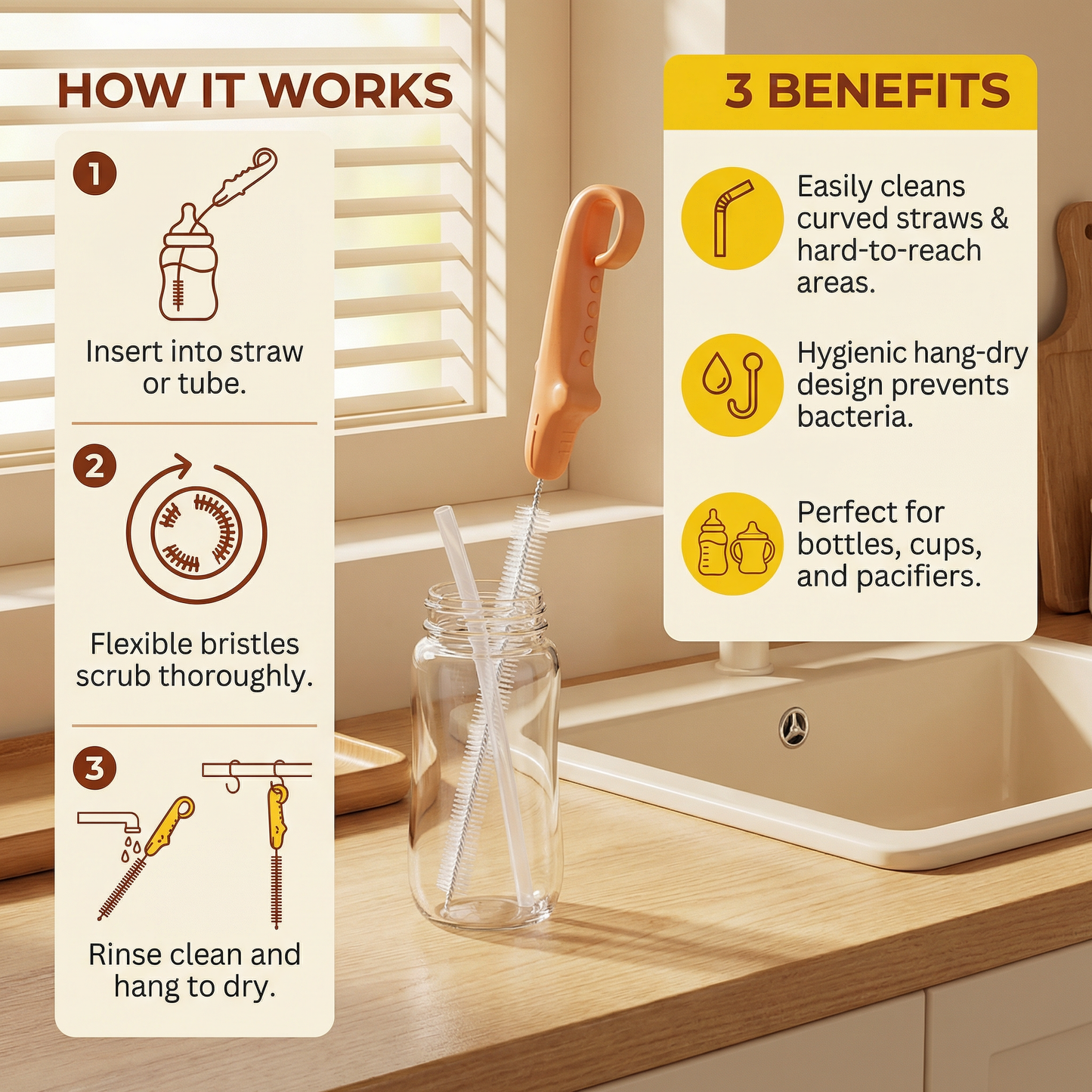 Flexible Straw Cleaning Brush – Long Tube Cleaner for Bottles, Pacifiers & Drinking Cups