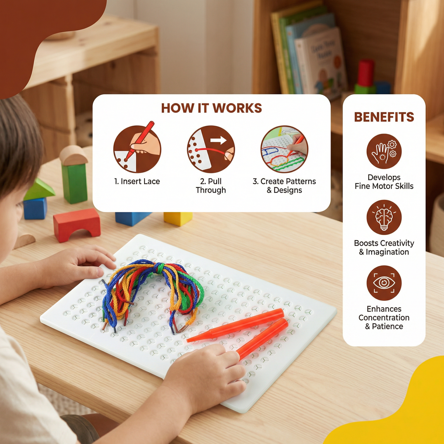 Lacing Board Toy with Lace – Creative Threading Game for Kids' Motor Skill Development