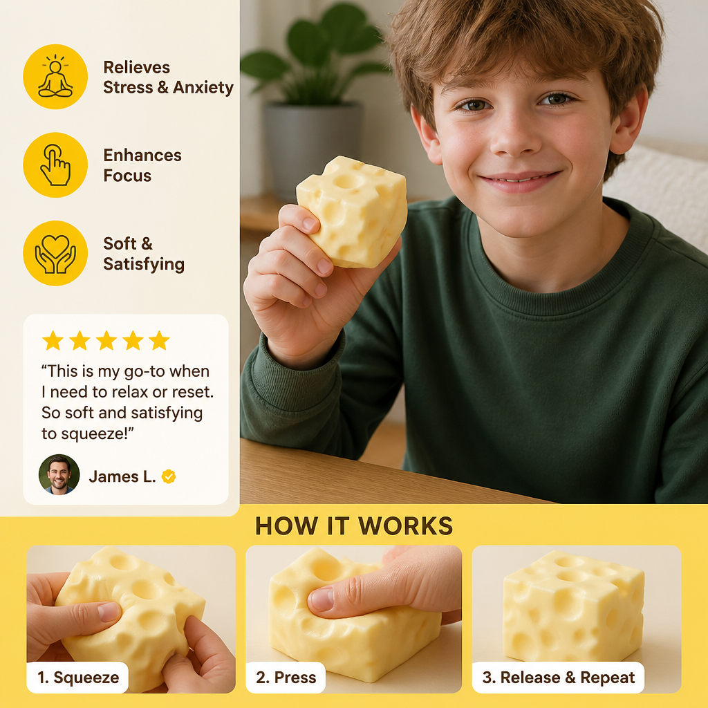 Squishy Cheese Stress Ball – Soft Moldable ASMR Fidget Toy for Stress & Anxiety Relief