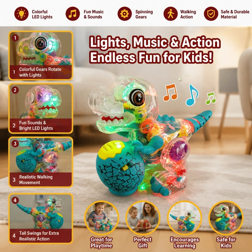 Interactive Light-Up Gear Dinosaur Toy with Music & Walking Action