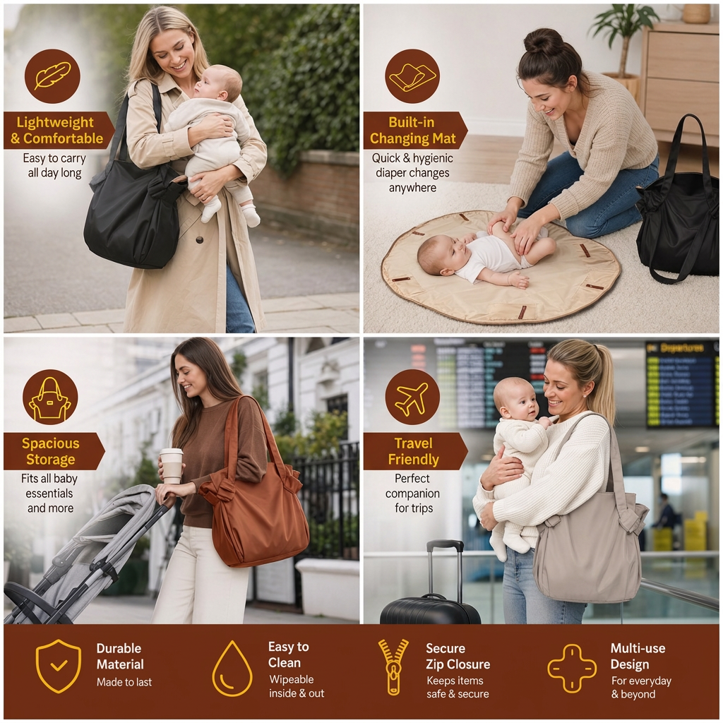 2-in-1 Folding Diaper Bag & Changing Mat – Lightweight & Spacious Travel Tote for Moms
