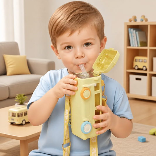 Kids Bus Shaped Water Bottle with Straw and Adjustable Strap