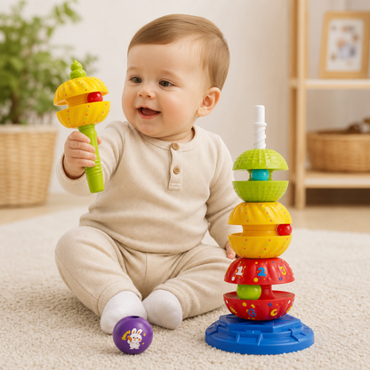 2-in-1 Interactive Rotating Stack & Ball Drop Tower with Rattle for Kids