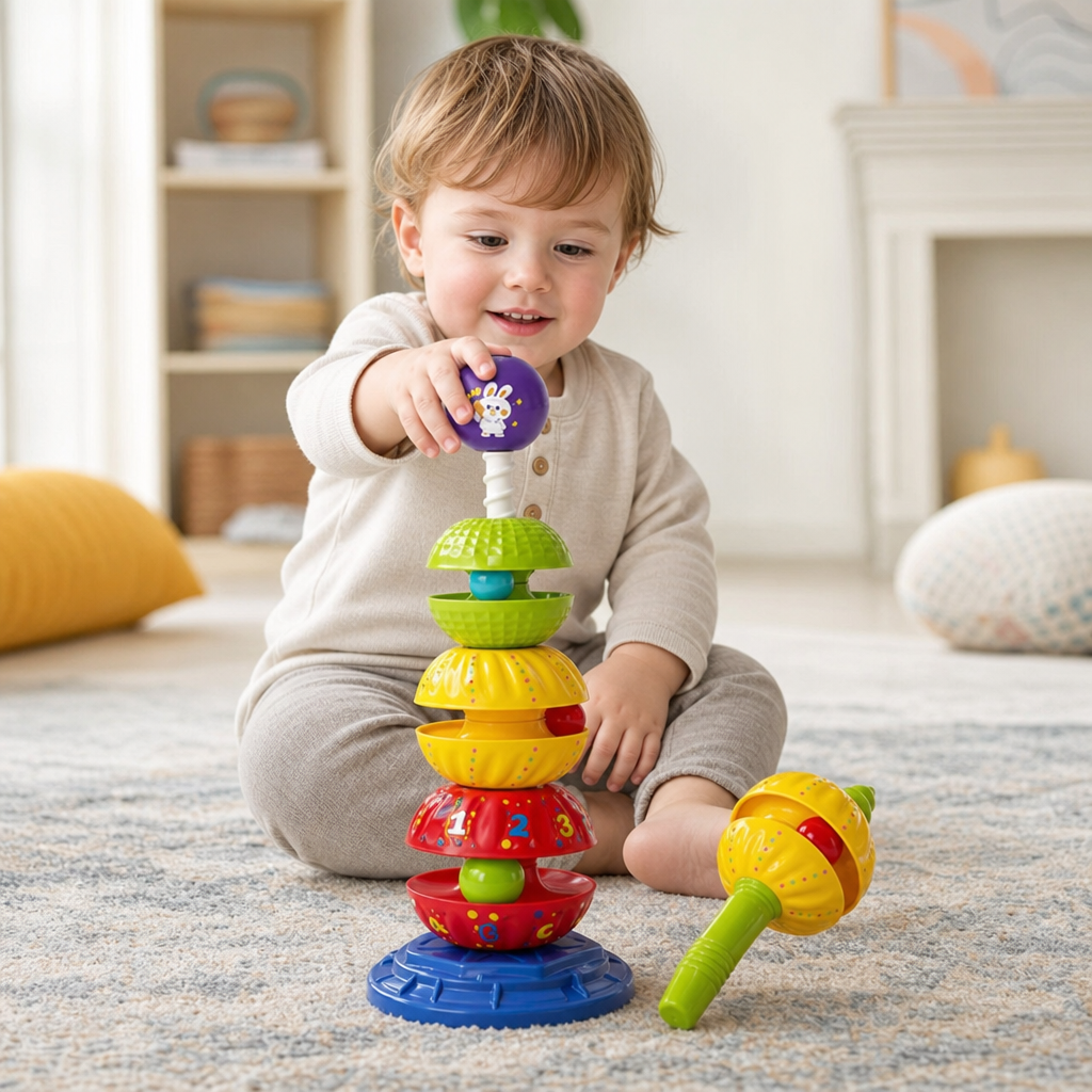 2-in-1 Interactive Rotating Stack & Ball Drop Tower with Rattle for Kids
