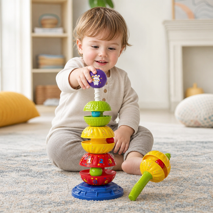 2-in-1 Interactive Rotating Stack & Ball Drop Tower with Rattle for Kids