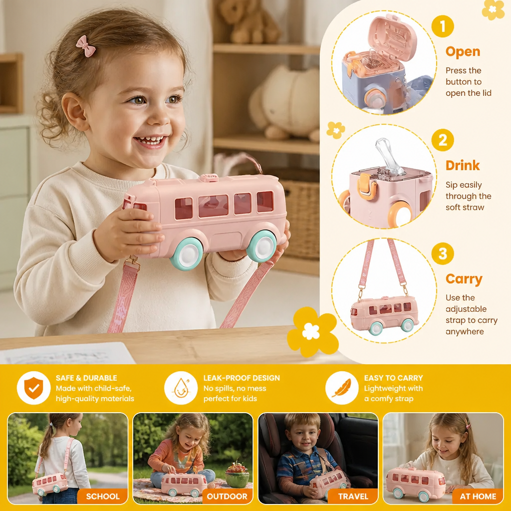Kids Bus Shaped Water Bottle with Straw and Adjustable Strap