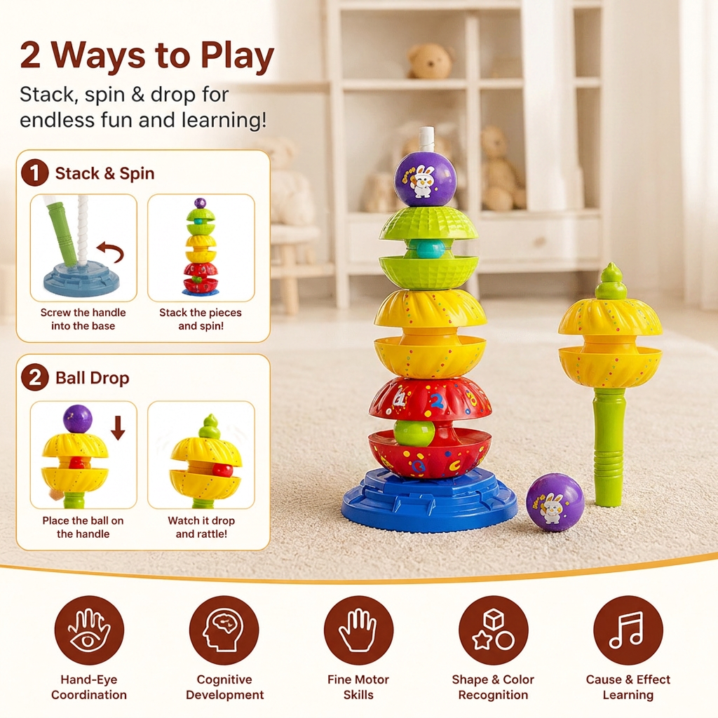 2-in-1 Interactive Rotating Stack & Ball Drop Tower with Rattle for Kids