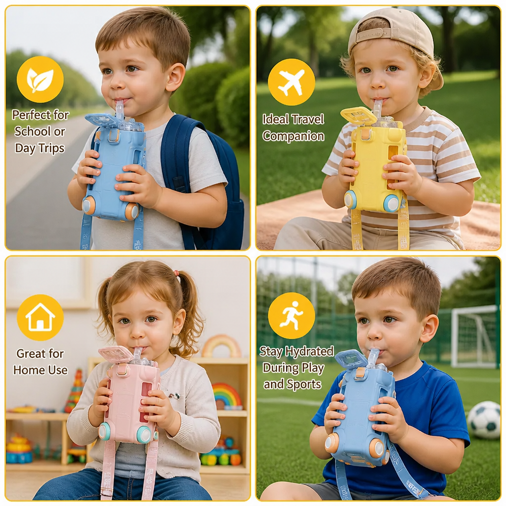 Kids Bus Shaped Water Bottle with Straw and Adjustable Strap