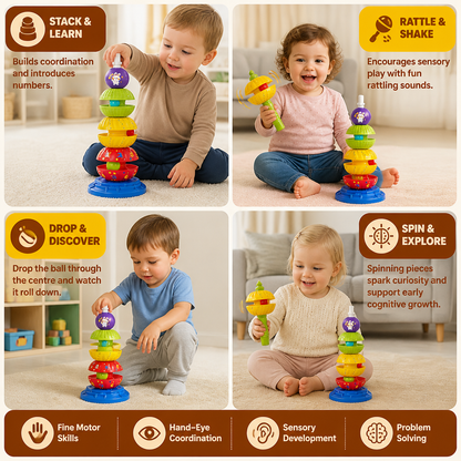 2-in-1 Interactive Rotating Stack & Ball Drop Tower with Rattle for Kids