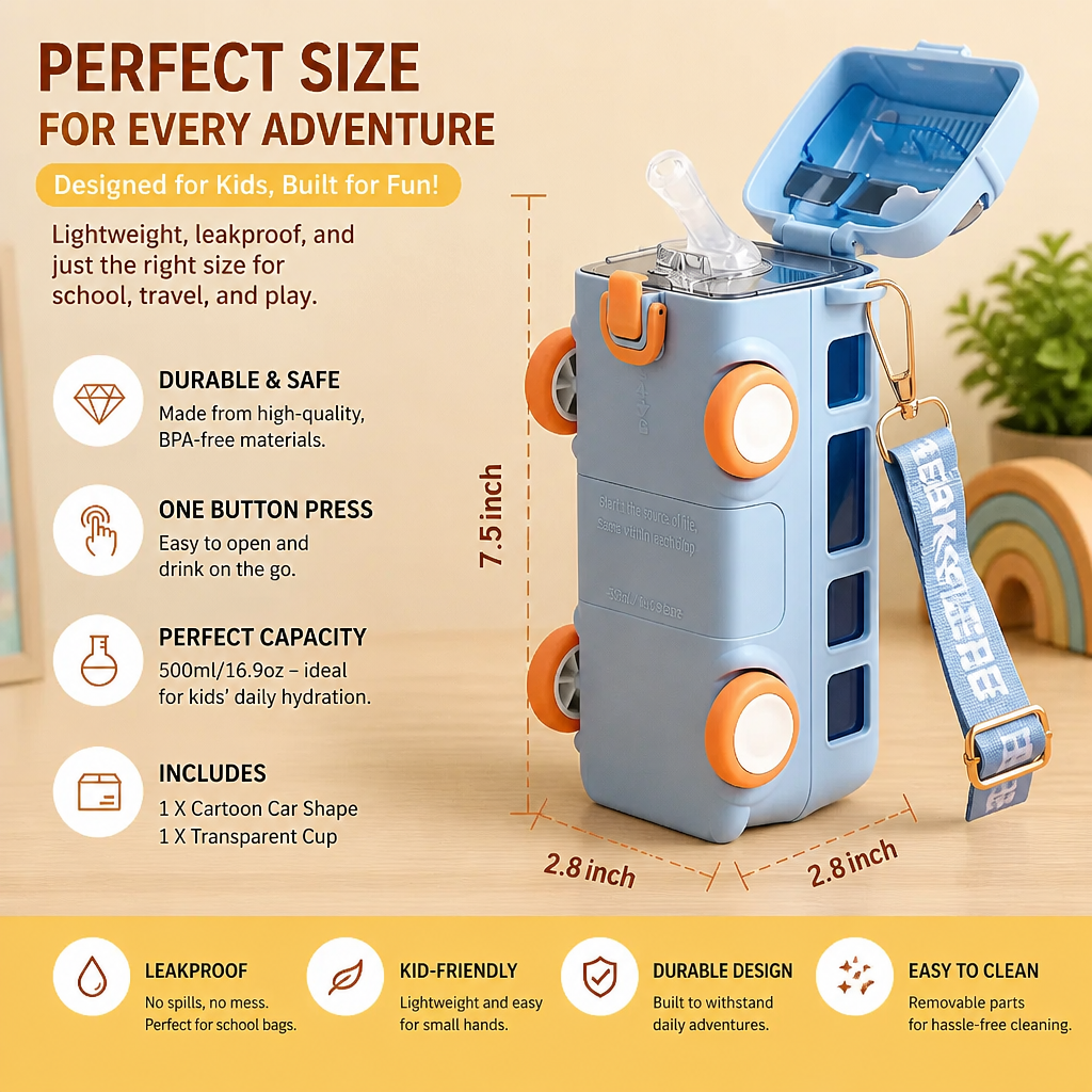 Kids Bus Shaped Water Bottle with Straw and Adjustable Strap