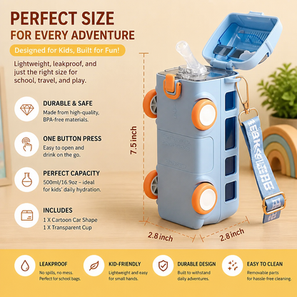 Kids Bus Shaped Water Bottle with Straw and Adjustable Strap