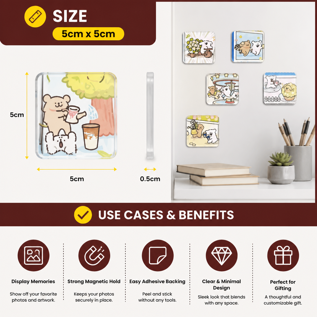 Clear Acrylic Magnetic Photo Frames with Adhesive Backing