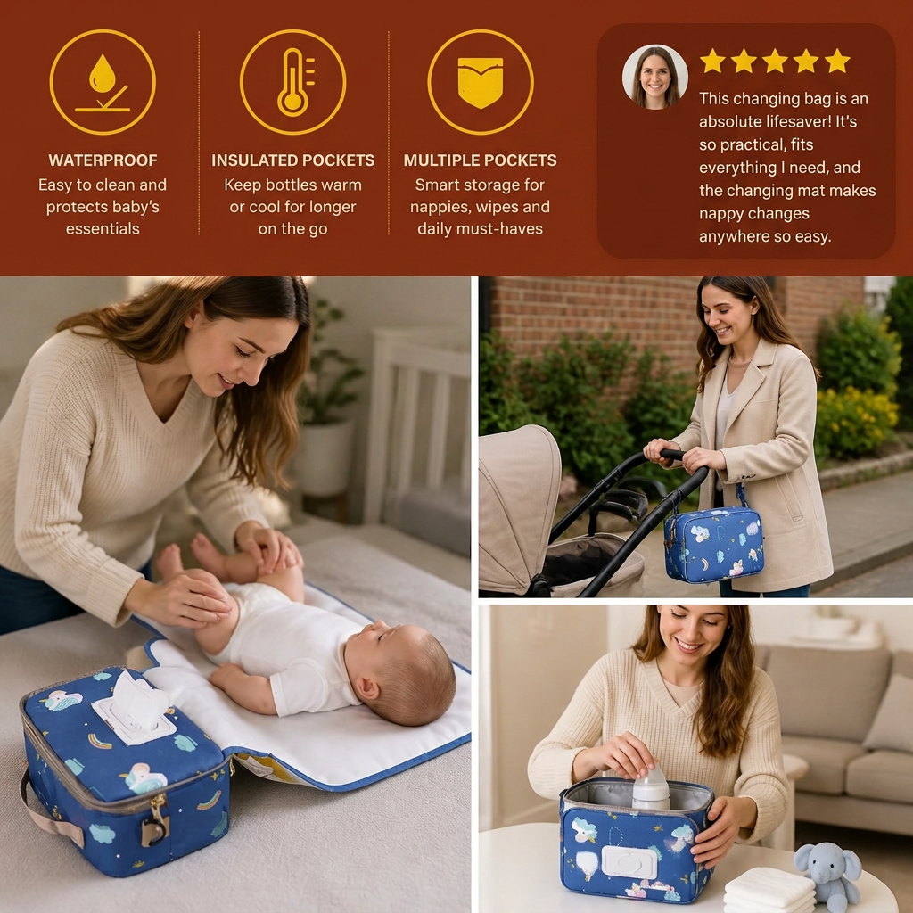 3in1 Stroller Organizer Bag – Waterproof Diaper Caddy with Insulated Pockets