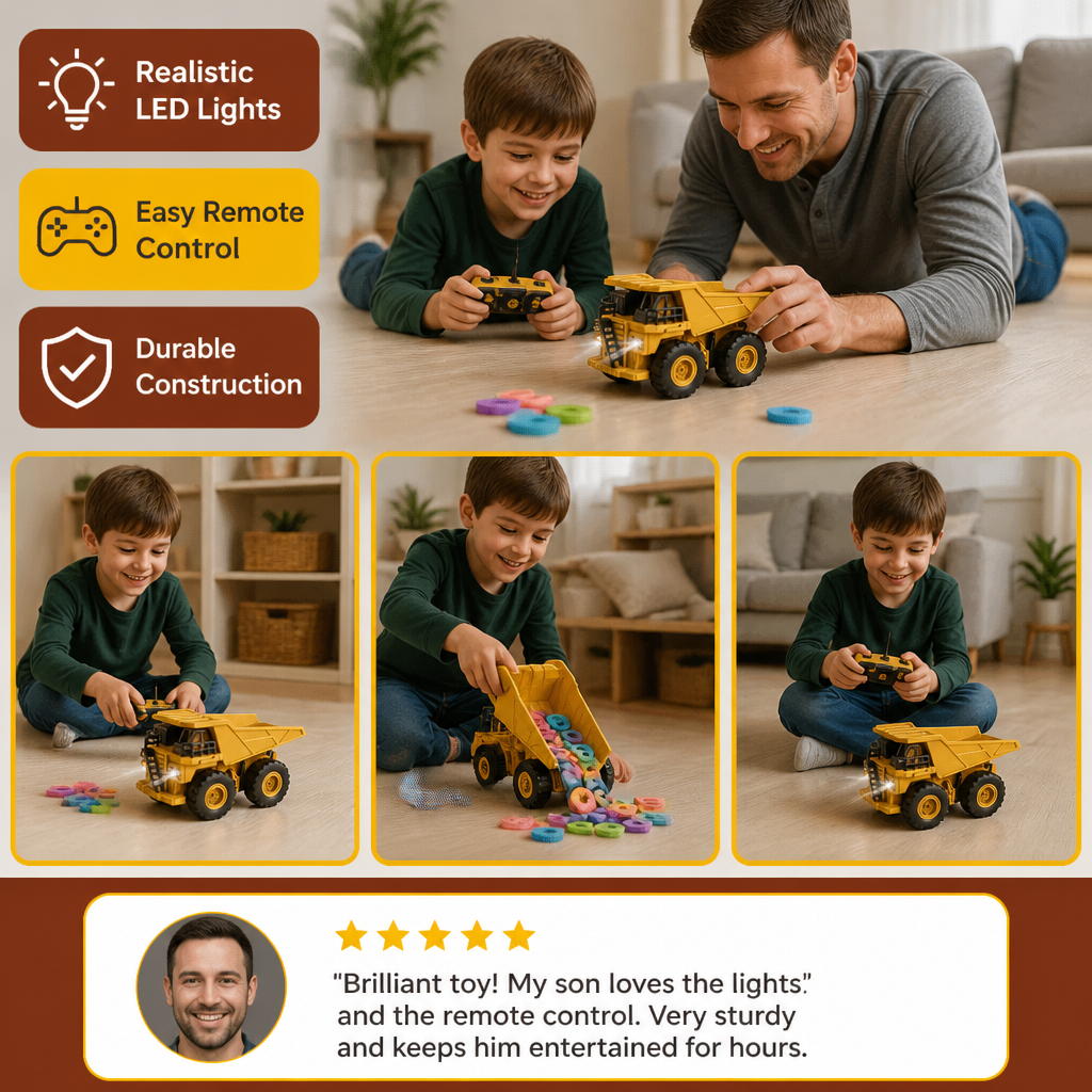 Remote-Controlled Dump Truck with Lights – Construction Vehicle Toy