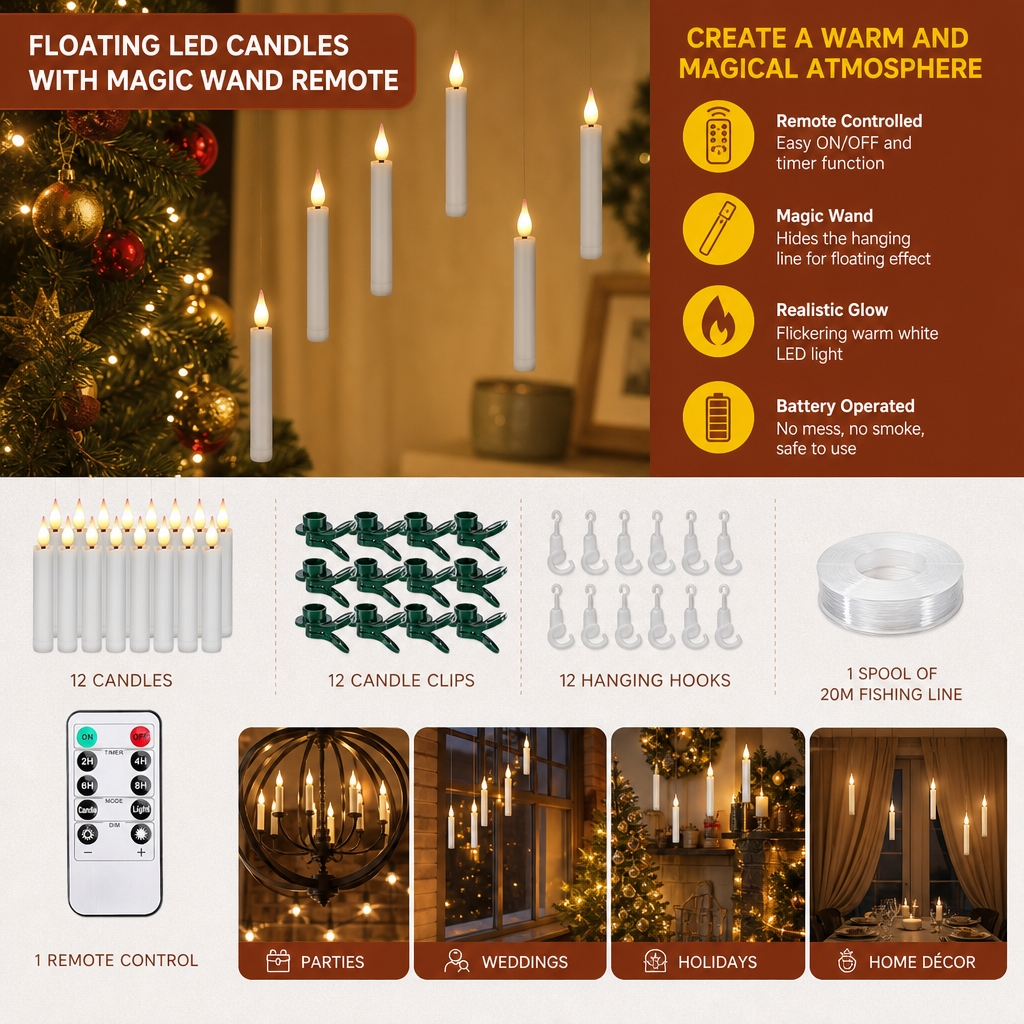 Magic Wand-Controlled Floating LED Candles with Hanging Hooks