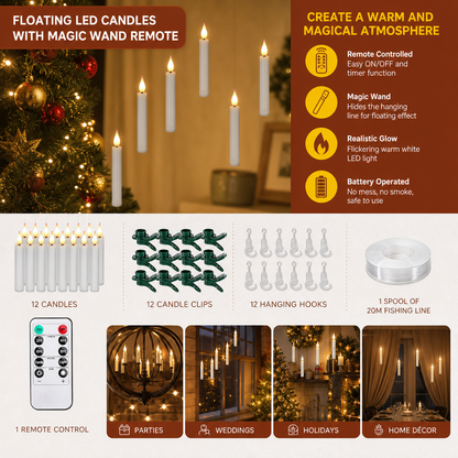 Magic Wand-Controlled Floating LED Candles with Hanging Hooks