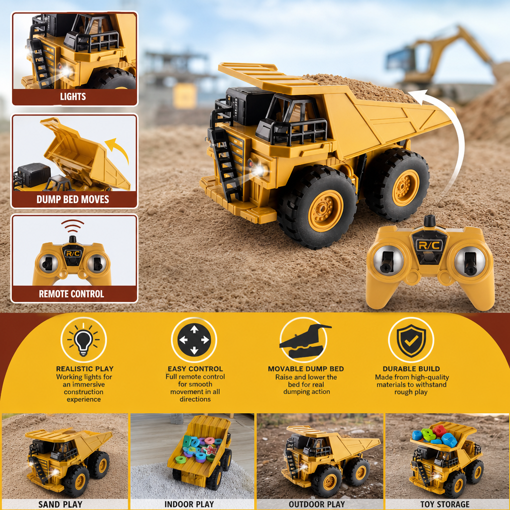 Remote-Controlled Dump Truck with Lights – Construction Vehicle Toy