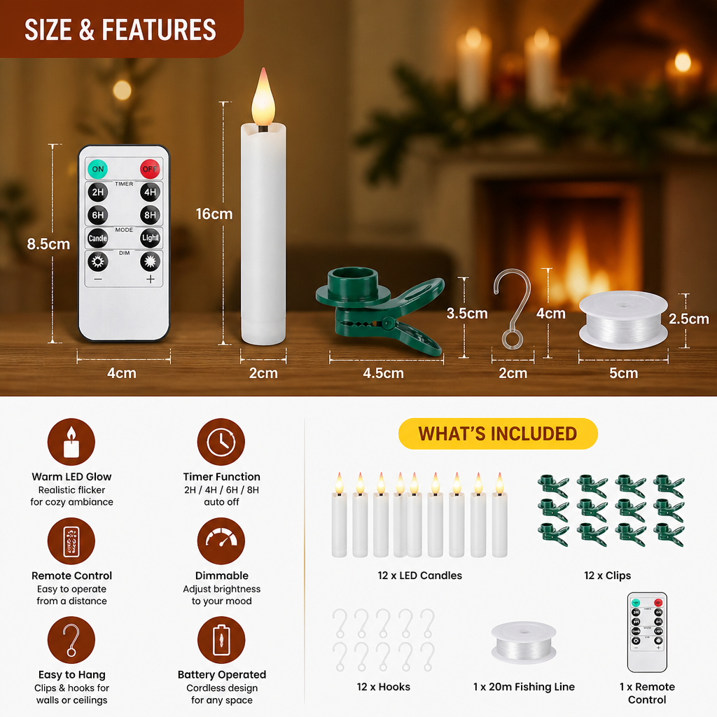 Magic Wand-Controlled Floating LED Candles with Hanging Hooks
