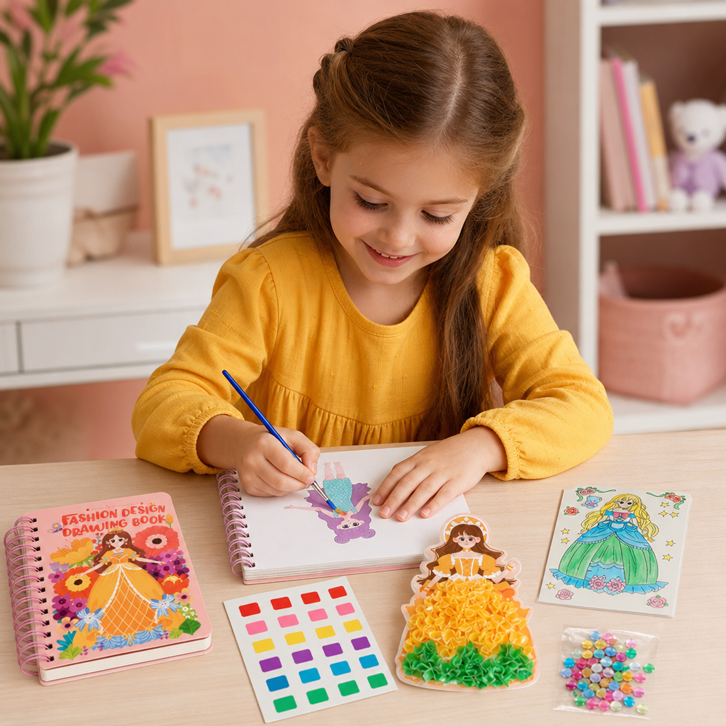 4-in-1 Fairy Princess Diamond Painting, Poke-In, Embroidery & Watercolor Art Kit for Kids