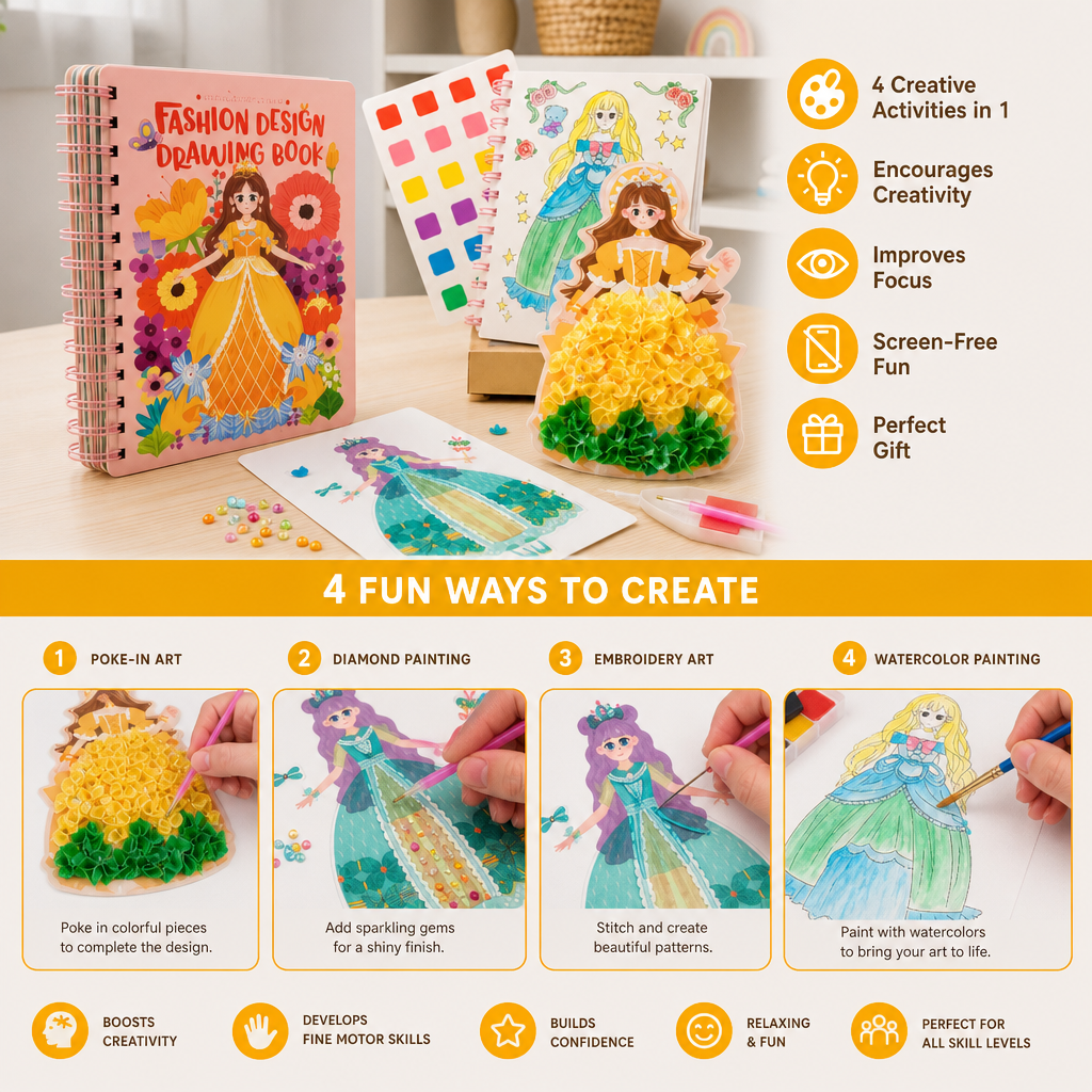 4-in-1 Fairy Princess Diamond Painting, Poke-In, Embroidery & Watercolor Art Kit for Kids