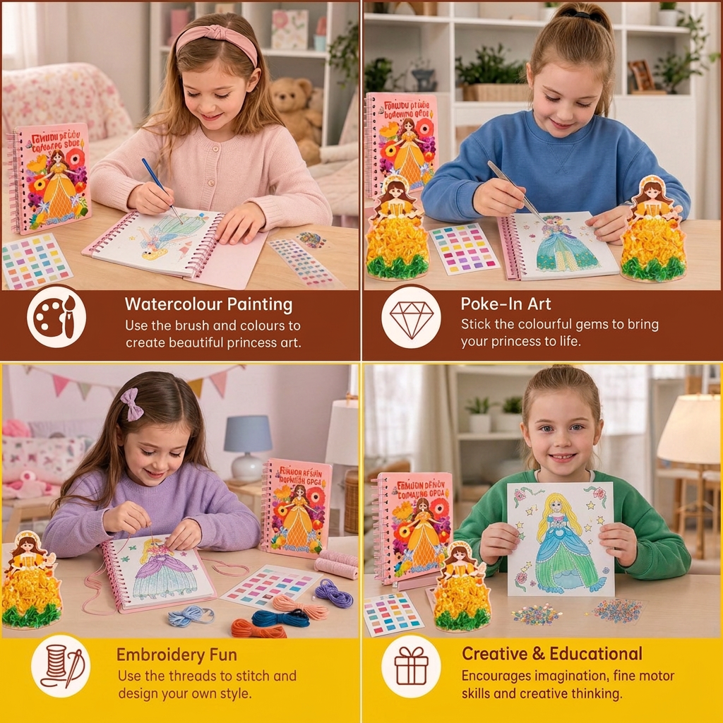 4-in-1 Fairy Princess Diamond Painting, Poke-In, Embroidery & Watercolor Art Kit for Kids