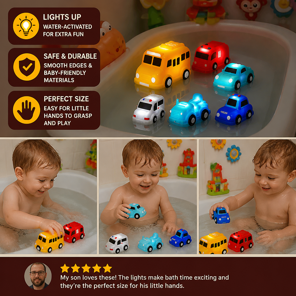 Light-Up Bath Toy Car Set – Water-Activated Baby Bath Toys