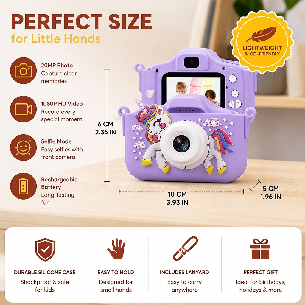 Rechargeable Kids’ Digital Camera with Selfie Mode, HD Video & Silicone Case