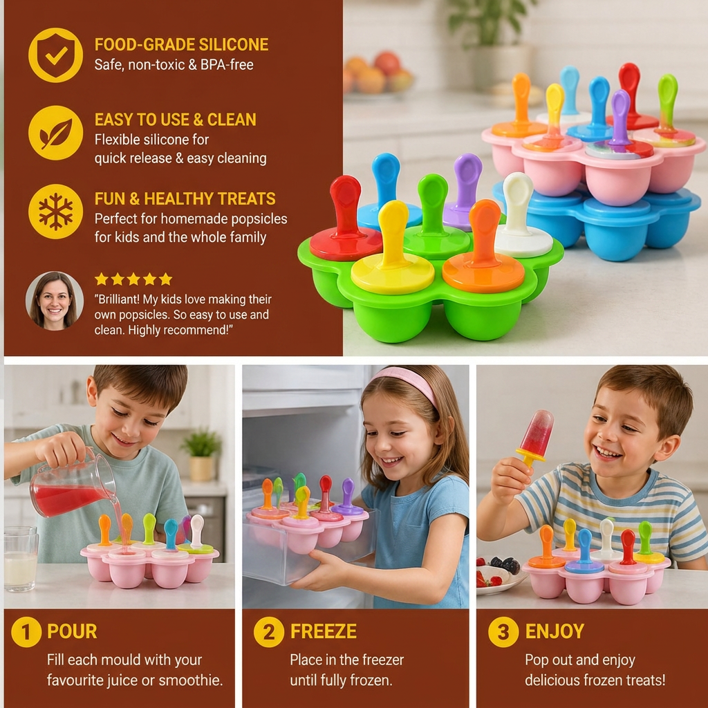 7-Piece Silicone Popsicle Mold – Reusable Ice Pop Maker for Kids