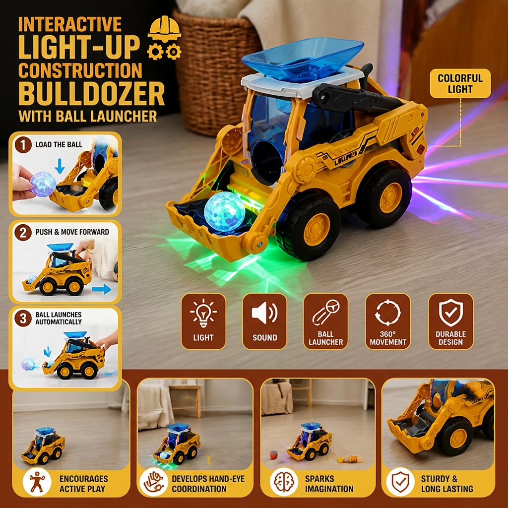 Interactive Light-Up Construction Bulldozer with Ball Launcher for Kids