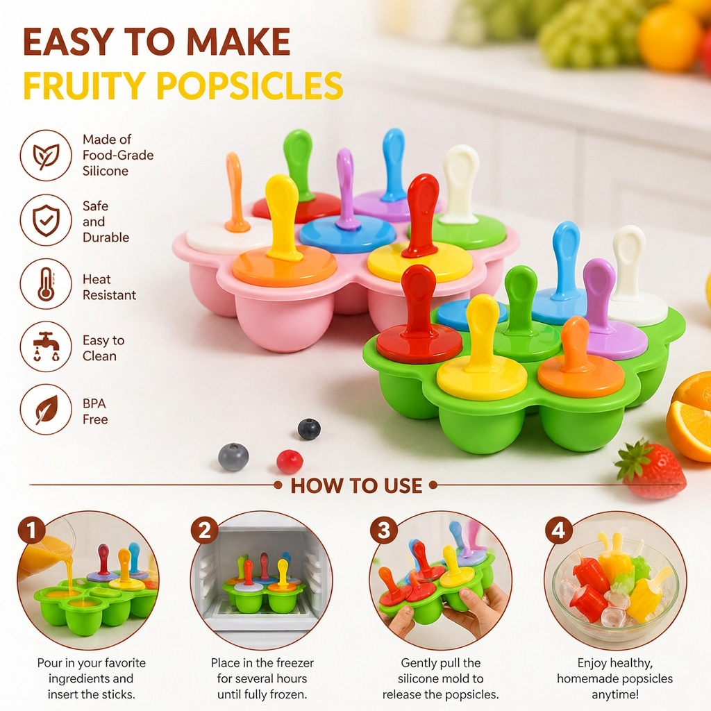 7-Piece Silicone Popsicle Mold – Reusable Ice Pop Maker for Kids