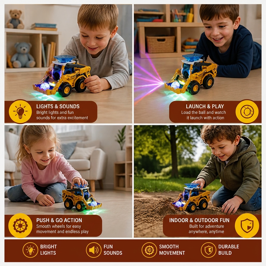 Interactive Light-Up Construction Bulldozer with Ball Launcher for Kids