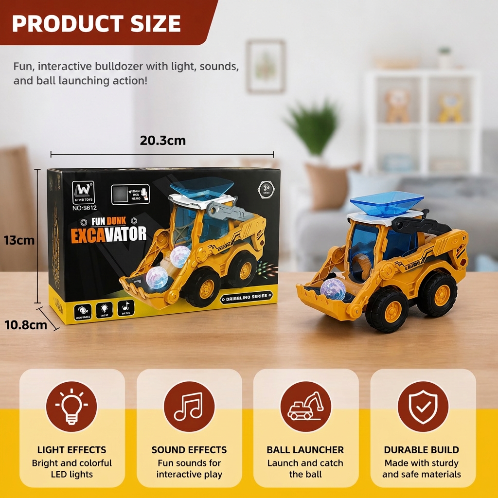 Interactive Light-Up Construction Bulldozer with Ball Launcher for Kids