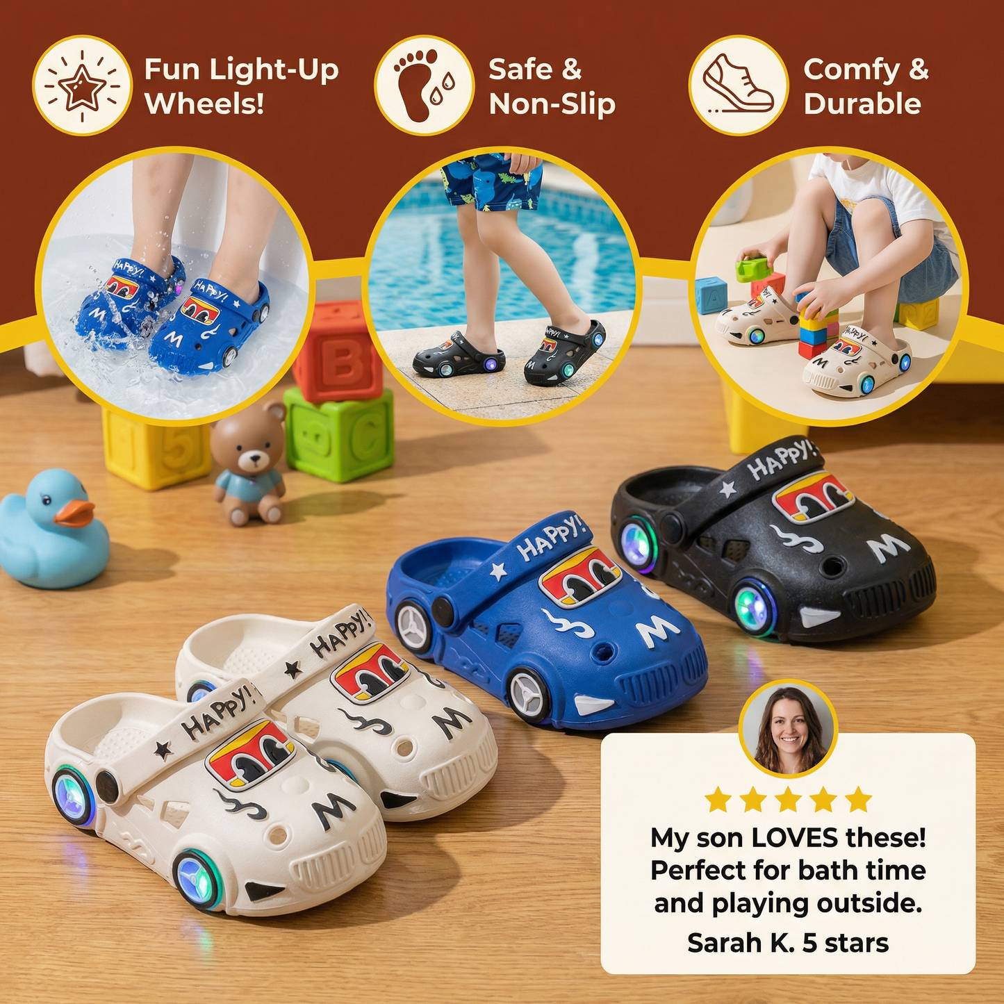 Light-Up Car Kids Slides – Non-Slip Bath & Beach Slippers
