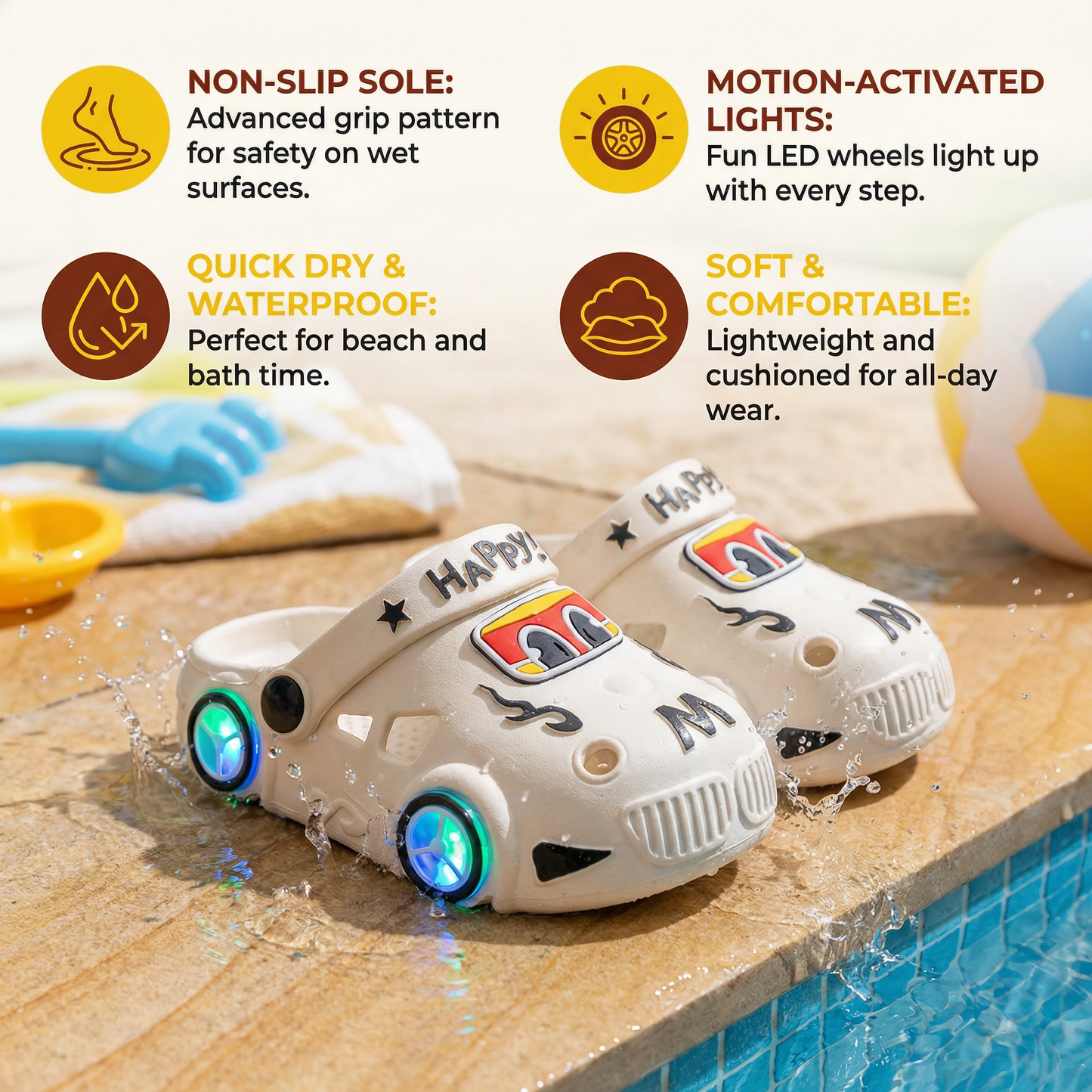 Light-Up Car Kids Slides – Non-Slip Bath & Beach Slippers