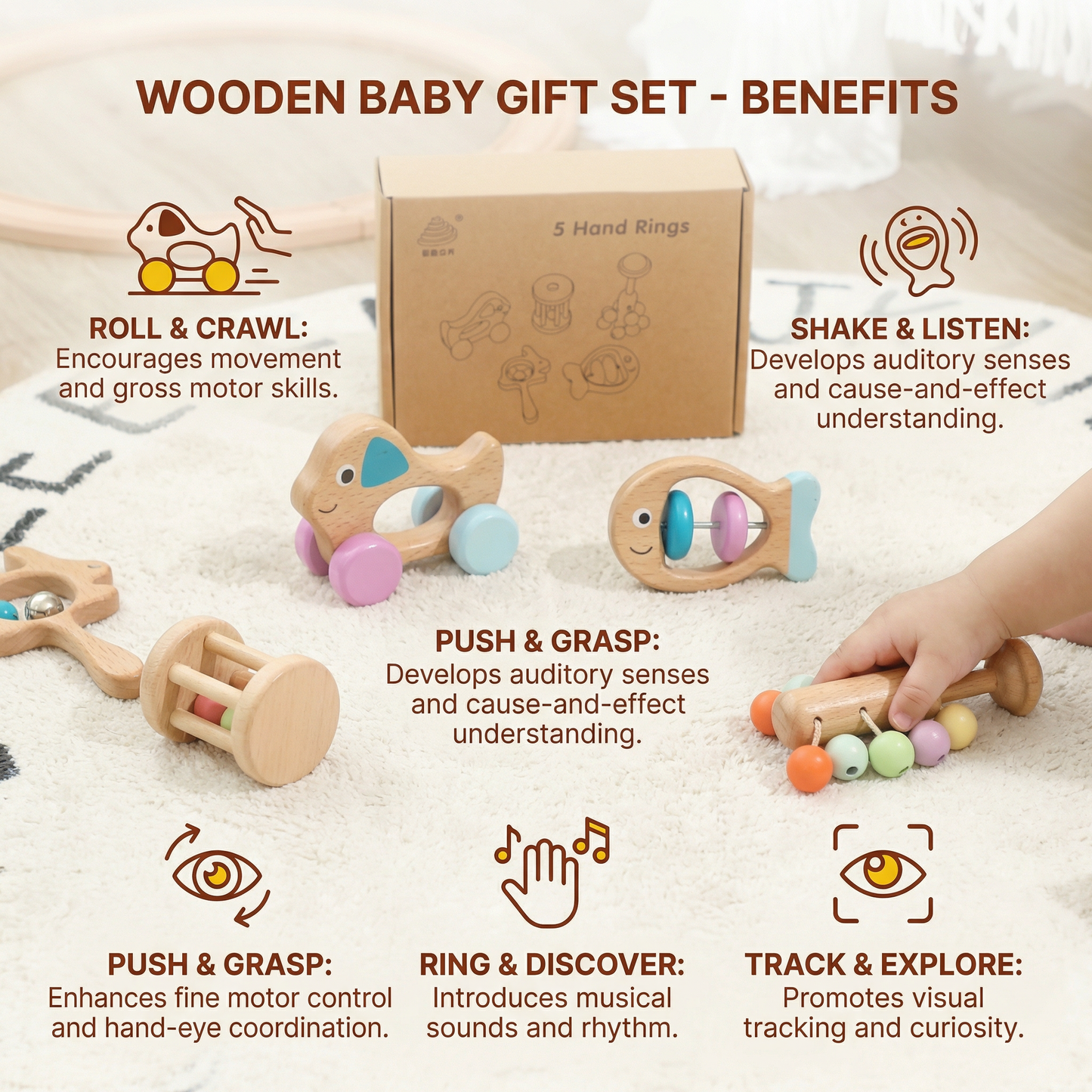 Wooden Baby Gift Set – Rattle & Musical Toy Set for Newborns