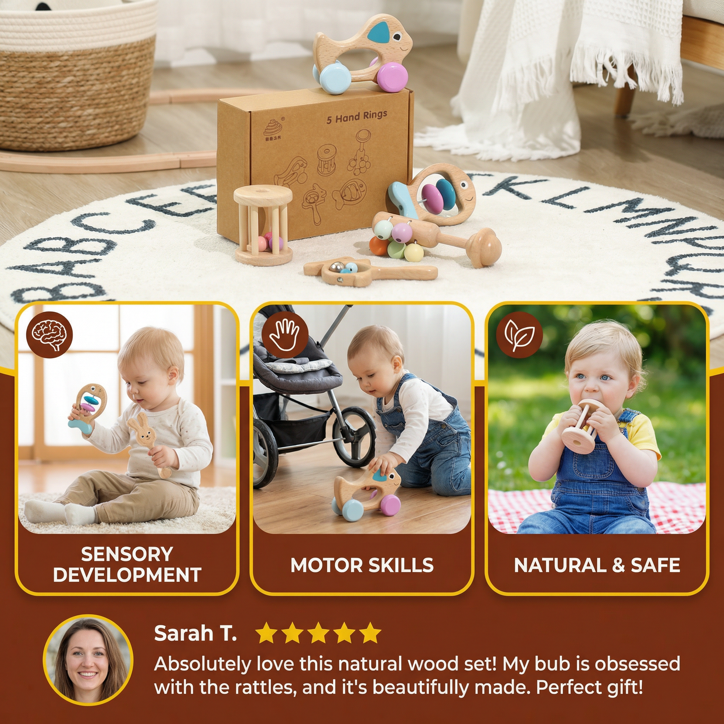 Wooden Baby Gift Set – Rattle & Musical Toy Set for Newborns