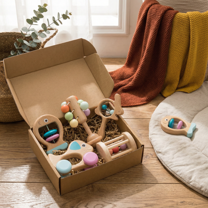 Wooden Baby Gift Set – Rattle & Musical Toy Set for Newborns