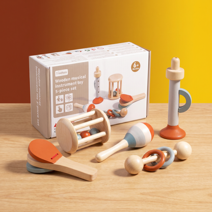 Montessori Wooden Baby Music Set – 5-Piece Sensory Rattle Toy Collection
