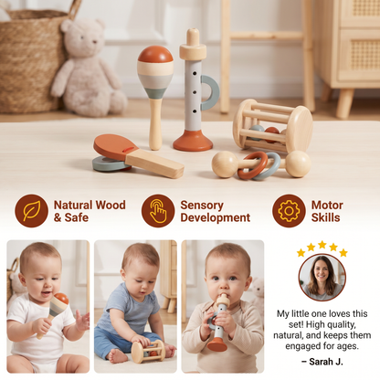 Montessori Wooden Baby Music Set – 5-Piece Sensory Rattle Toy Collection