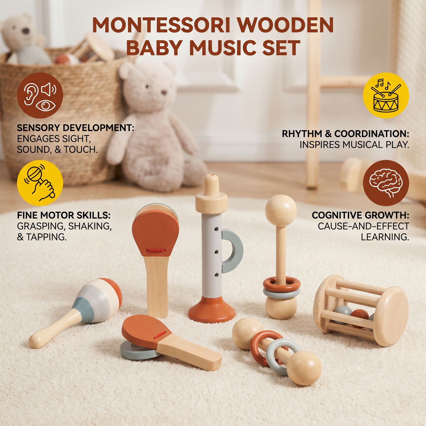 Montessori Wooden Baby Music Set – 5-Piece Sensory Rattle Toy Collection
