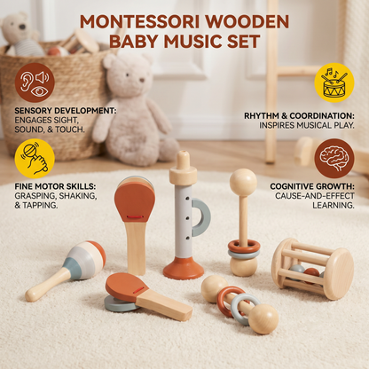 Montessori Wooden Baby Music Set – 5-Piece Sensory Rattle Toy Collection