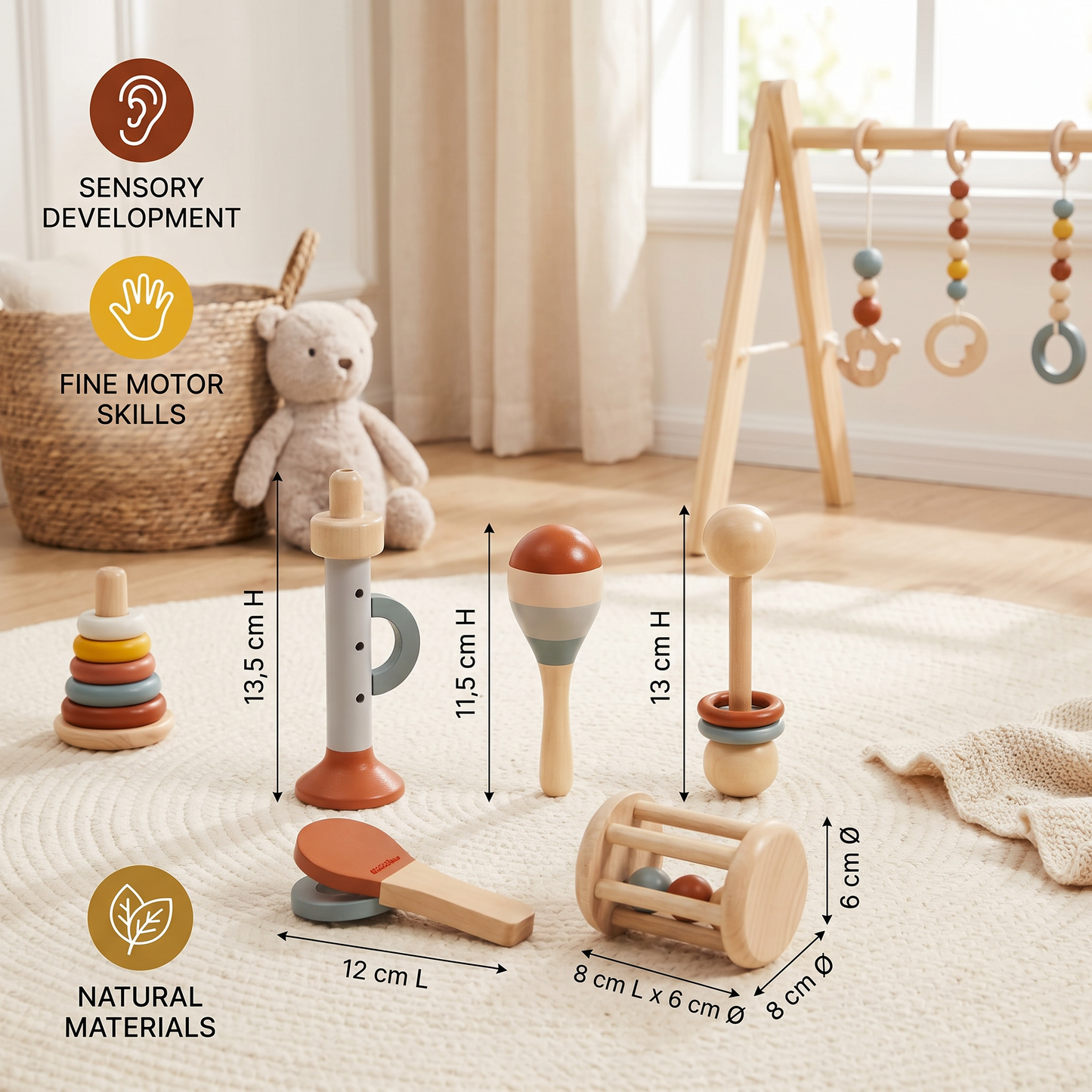Montessori Wooden Baby Music Set – 5-Piece Sensory Rattle Toy Collection
