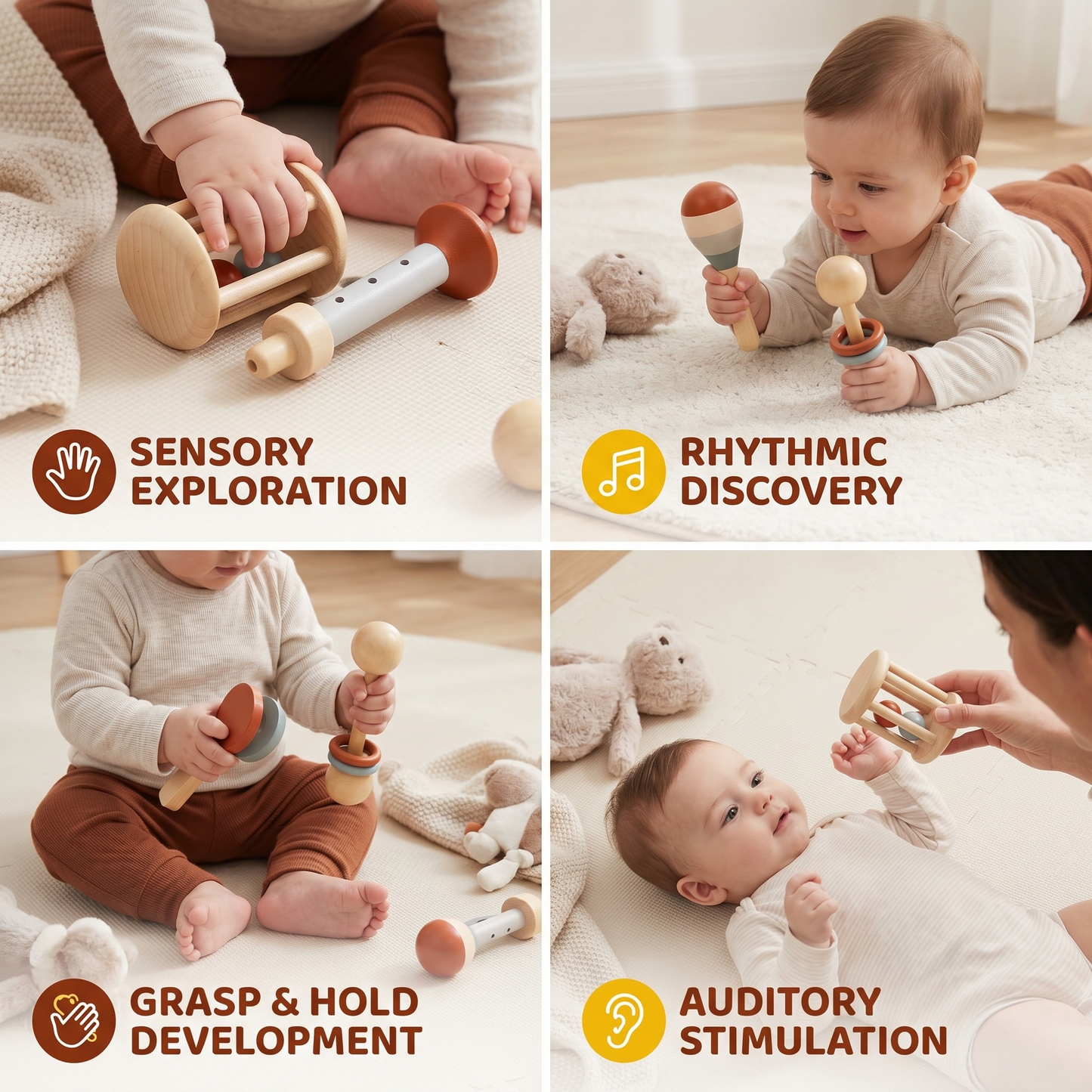 Montessori Wooden Baby Music Set – 5-Piece Sensory Rattle Toy Collection